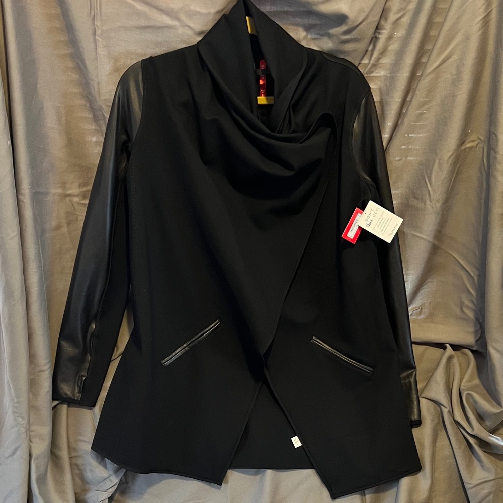 NWT Spanx Drape Front Jacket Women's Size M - Black with faux leather details